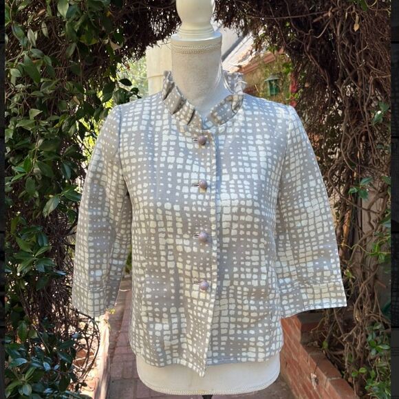 J. CREW GEO PRINT CROPPED COCKTAIL JACKET GRAY IVORY RUFFLED COLLAR BLAZER XS-S* - Picture 4 of 16